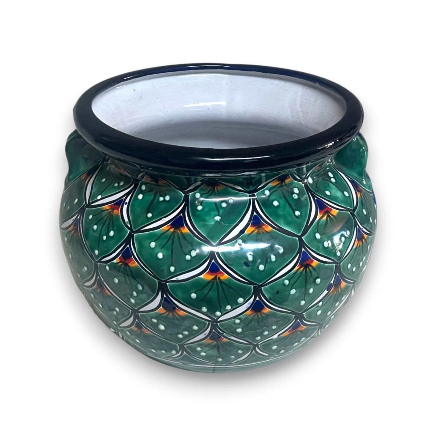 Vibrant Talavera Flower Pot | Green Peacock Design